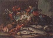 unknow artist Still life of a basket of flowers,fruit,lobster,fish and a cat,all upon a stone ledge Spain oil painting artist